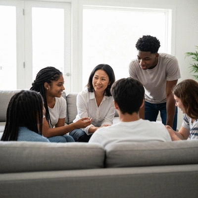 Diverse group of teenagers engaged in a supportive group discussion with an adult mentor