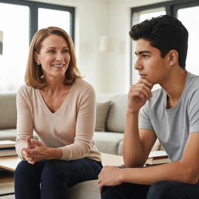 Parent and teen having a serious but supportive discussion about online privacy in a modern home setting