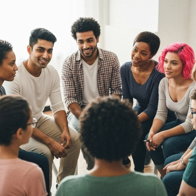 Diverse group of parents and teenagers participating in a support group discussion