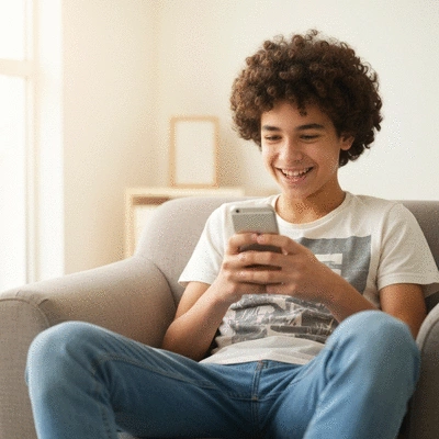 Teenager happily using a smartphone, smiling while interacting with friends online, soft lighting, clean image