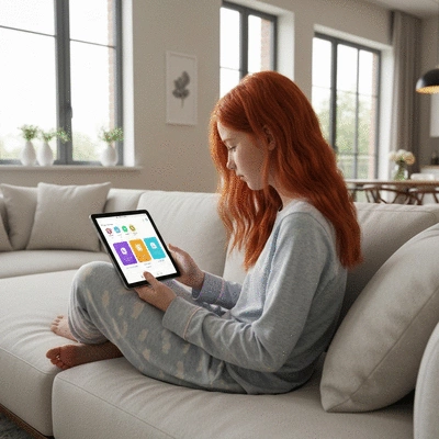 Teenager using a tablet with parental control software interface visible, in a modern home environment