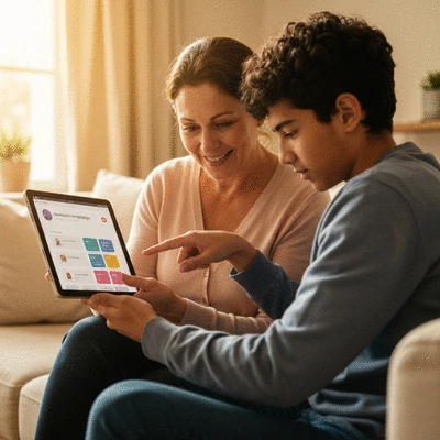 Parent and teenager discussing an app on a tablet