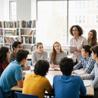 Teacher explaining media literacy to a group of teenagers in a classroom setting.