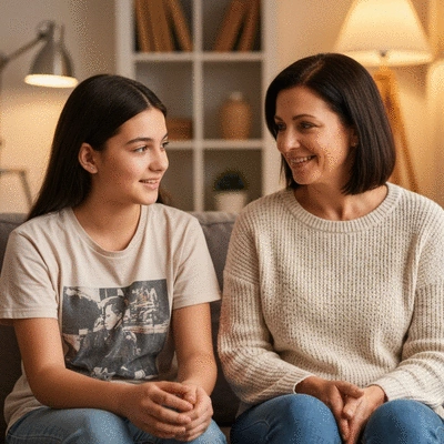 Parent and teenager having a calm discussion, demonstrating open communication and support