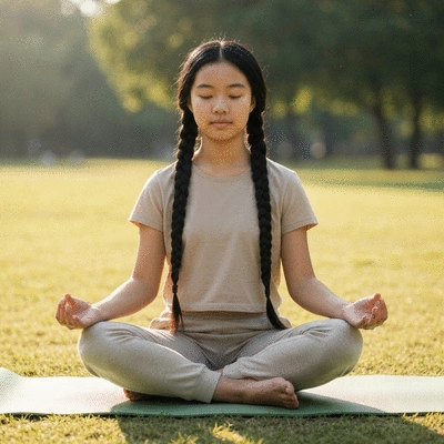 Teenager meditating in a peaceful setting, symbolizing emotional regulation and calm