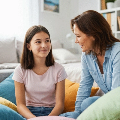Teenager and parent having an open conversation, looking at each other with understanding