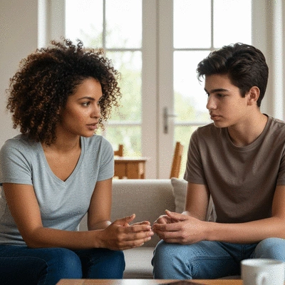 Parent and teen having a serious but supportive conversation at home