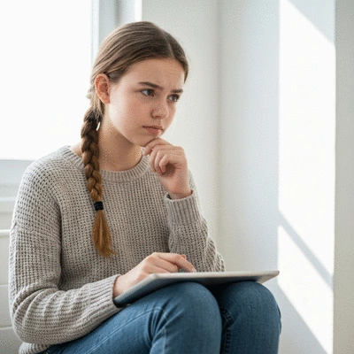 Teenager engaged in critical thinking, possibly looking at a tablet or book, with a thoughtful expression.