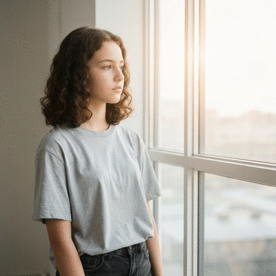 Teenager reflecting thoughtfully, looking out a window, symbolizing emotional growth and self-awareness, no text, no words, no typography, clean image