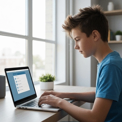 Teenager confidently using a laptop with privacy settings on screen, in a well-lit modern room