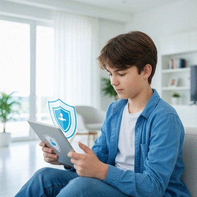 Teenager safely browsing on a tablet with parental control software indicated by a protective shield icon, bright and modern setting, no text, no words, no typography, clean image