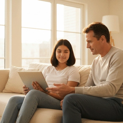 Parent and teenager having an open discussion about online safety, sitting together in a comfortable living room, warm and inviting atmosphere, no text, no words, no typography, clean image