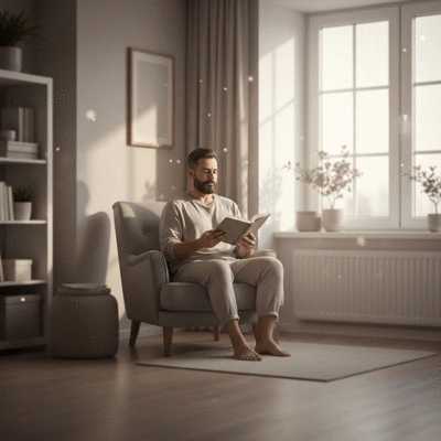 Parent enjoying a moment of self-care, perhaps reading or meditating, in a peaceful setting