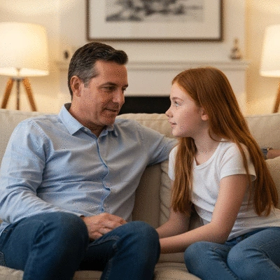 Parent and teenager having a deep conversation on a comfortable couch, warm lighting, showing connection and understanding, no text, no words, no typography, clean image