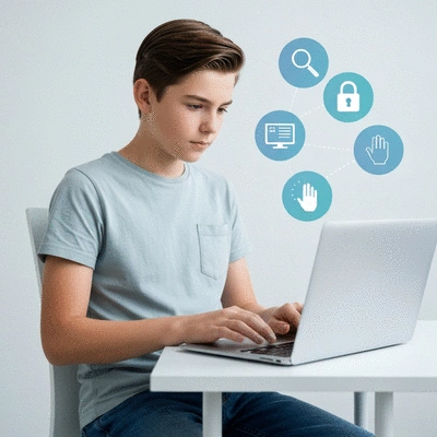 Teenager using a laptop responsibly, surrounded by digital icons representing critical thinking and online safety