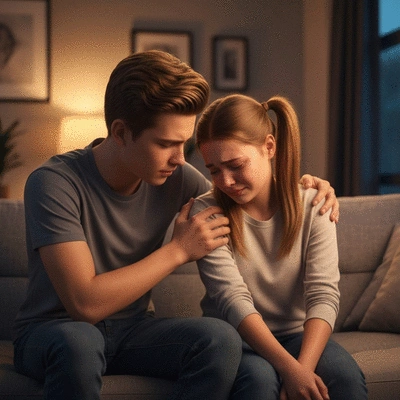 Two teens sitting on a couch, one comforting the other, showing empathy and support