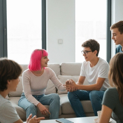 Teenager interacting positively with friends, showing empathy and understanding, in a bright, clean setting, no text, no words, no typography, clean image